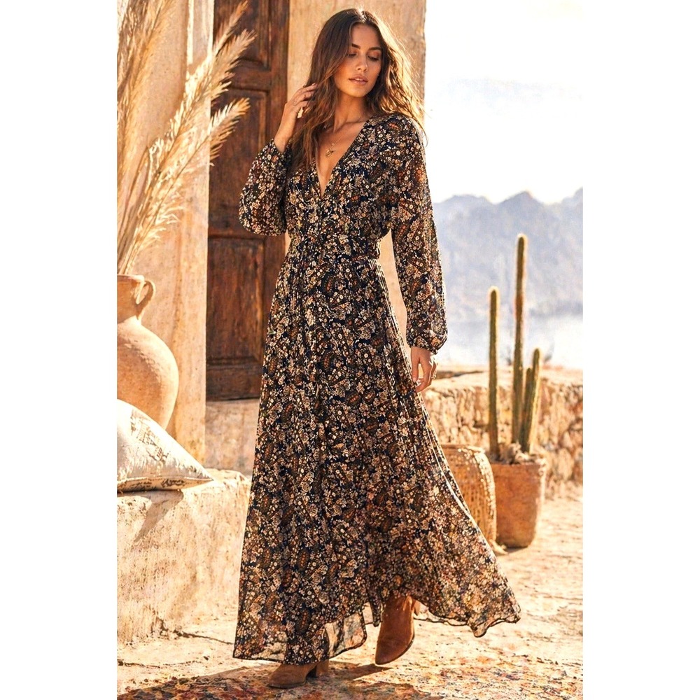 Natural Life Maxi Dress XL Boho Paisley Gold Shimmer Button Front Lined Navy - Picture 1 of 7